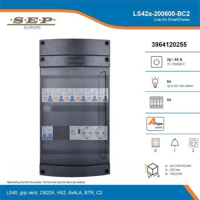 SEP Live-On SmartChoise, LS42a-200600-BC2, 40A, 1-fase groepenkast, 6-lichtgroepen, 1-beltrafo,  2V-contactdoos, technische details
