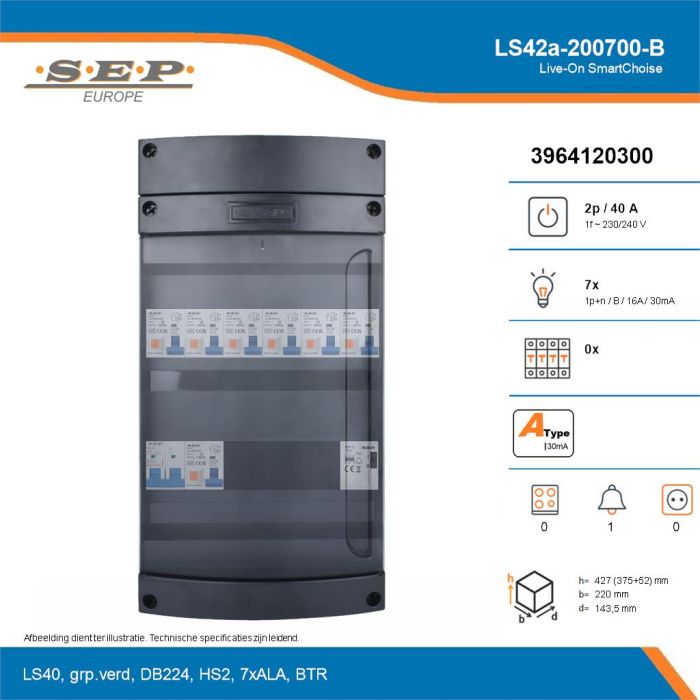 SEP Live-On SmartChoise, LS42a-200700-B, 40A, 1-fase groepenkast, 7-lichtgroepen, 1-beltrafo, technische details