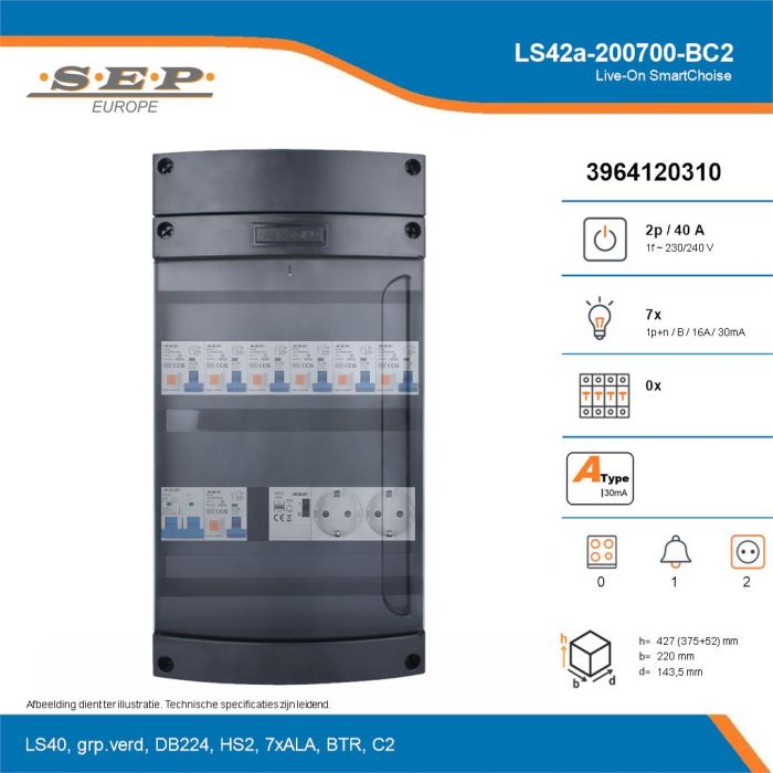 SEP Live-On SmartChoise, LS42a-200700-BC2, 40A, 1-fase groepenkast, 7-lichtgroepen, 1-beltrafo,  2V-contactdoos, technische details