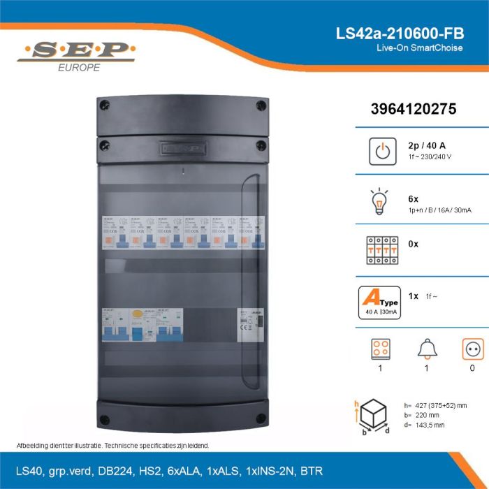 SEP Live-On SmartChoise, LS42a-210600-FB, 40A, 1-fase groepenkast, 6-lichtgroepen, 1-fornuisgroep, 1-beltrafo, technische details