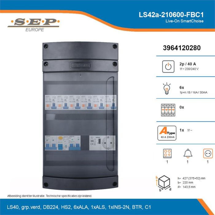 SEP Live-On SmartChoise, LS42a-210600-FBC1, 40A, 1-fase groepenkast, 6-lichtgroepen, 1-fornuisgroep, 1-beltrafo,  1V-contactdoos, technische details
