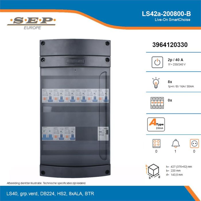 SEP Live-On SmartChoise, LS42a-200800-B, 40A, 1-fase groepenkast, 8-lichtgroepen, 1-beltrafo, technische details