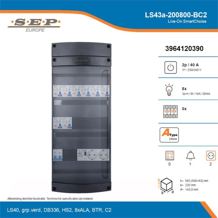 SEP Live-On SmartChoise, LS43a-200800-BC2, 40A, 1-fase groepenkast, 8-lichtgroepen, 1-beltrafo,  2V-contactdoos, technische details