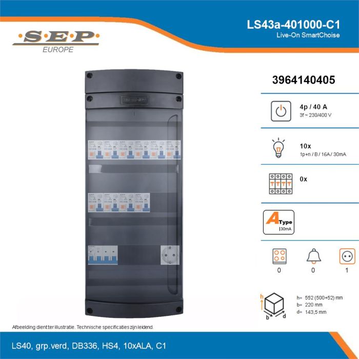 SEP Live-On SmartChoise, LS43a-401000-C1, 40A, 3-fase groepenkast, 10-lichtgroepen,  1V-contactdoos, technische details
