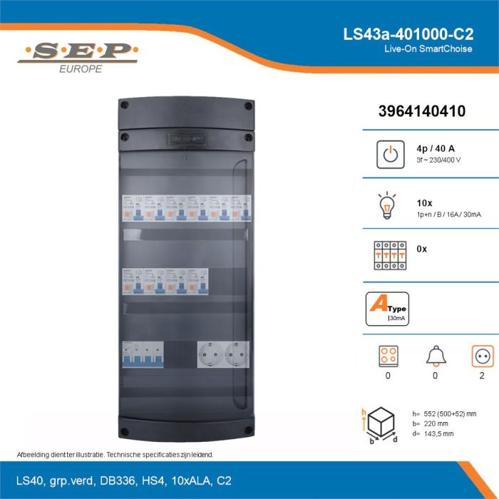 SEP Live-On SmartChoise, LS43a-401000-C2, 40A, 3-fase groepenkast, 10-lichtgroepen,  2V-contactdoos, technische details