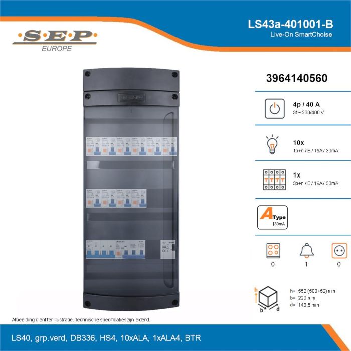 SEP Live-On SmartChoise, LS43a-401001-B, 40A, 3-fase groepenkast, 10-lichtgroepen, 1-krachtgroepen, 1-beltrafo, technische details