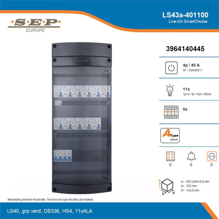 SEP Live-On SmartChoise, LS43a-401100, 40A, 3-fase groepenkast, 11-lichtgroepen, technische details