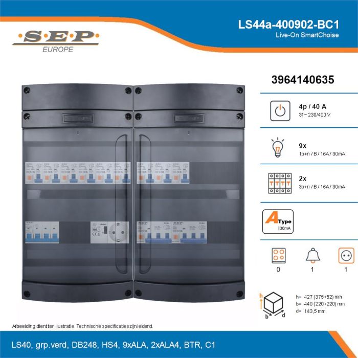 SEP Live-On SmartChoise, LS44a-400902-BC1, 40A, 3-fase groepenkast, 9-lichtgroepen, 2-krachtgroepen, 1-beltrafo,  1V-contactdoos, technische details