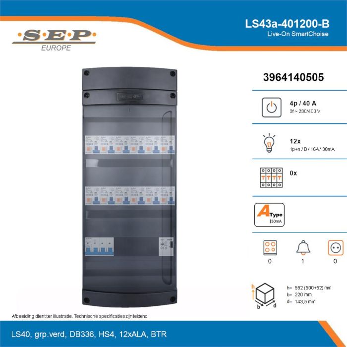 SEP Live-On SmartChoise, LS43a-401200-B, 40A, 3-fase groepenkast, 12-lichtgroepen, 1-beltrafo, technische details