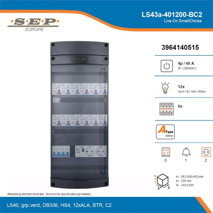 SEP Live-On SmartChoise, LS43a-401200-BC2, 40A, 3-fase groepenkast, 12-lichtgroepen, 1-beltrafo,  2V-contactdoos, technische details