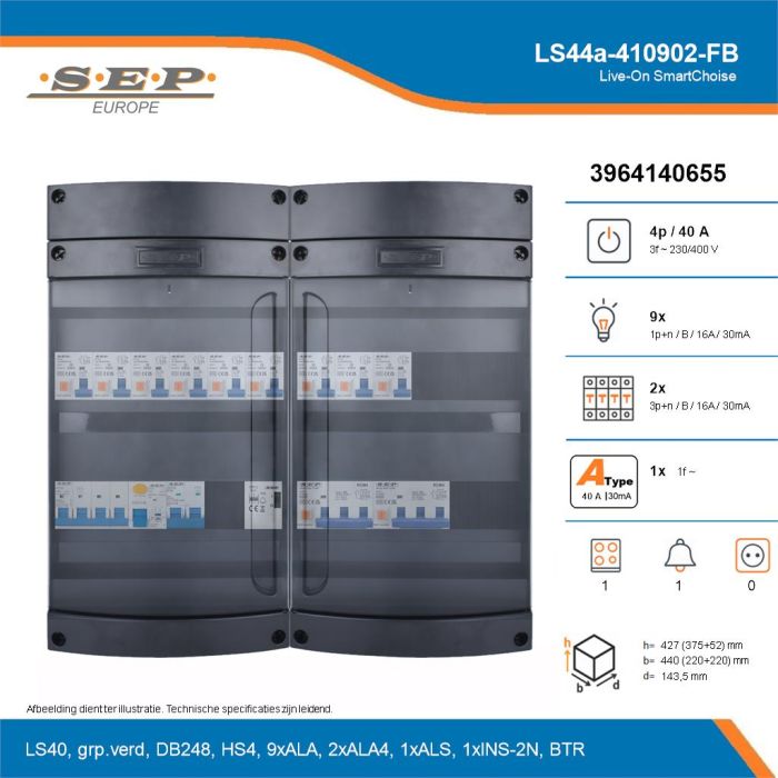 SEP Live-On SmartChoise, LS44a-410902-FB, 40A, 3-fase groepenkast, 9-lichtgroepen, 2-krachtgroepen, 1-fornuisgroep, 1-beltrafo, technische details