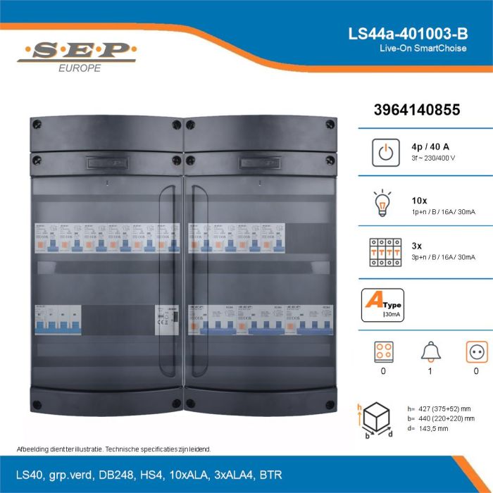 SEP Live-On SmartChoise, LS44a-401003-B, 40A, 3-fase groepenkast, 10-lichtgroepen, 3-krachtgroepen, 1-beltrafo, technische details