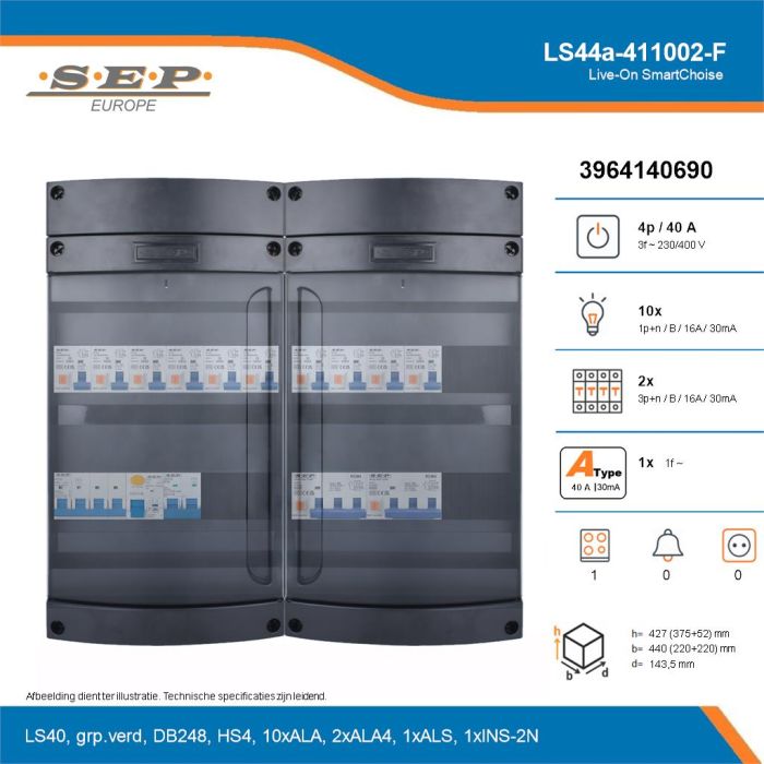 SEP Live-On SmartChoise, LS44a-411002-F, 40A, 3-fase groepenkast, 10-lichtgroepen, 2-krachtgroepen, 1-fornuisgroep, technische details