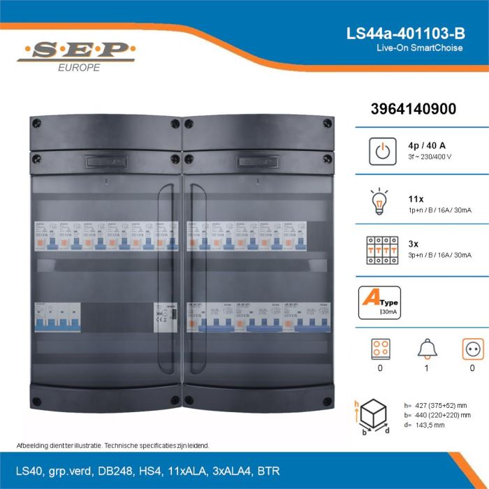 SEP Live-On SmartChoise, LS44a-401103-B, 40A, 3-fase groepenkast, 11-lichtgroepen, 3-krachtgroepen, 1-beltrafo, technische details
