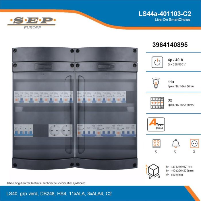 SEP Live-On SmartChoise, LS44a-401103-C2, 40A, 3-fase groepenkast, 11-lichtgroepen, 3-krachtgroepen,  2V-contactdoos, technische details