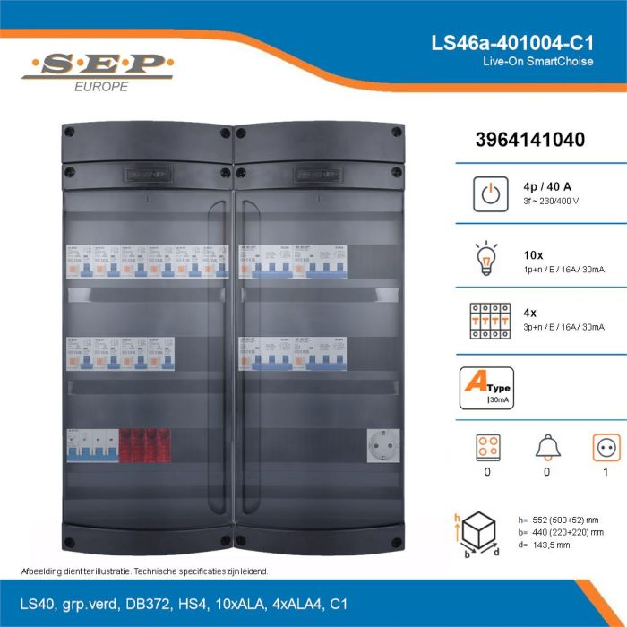 SEP Live-On SmartChoise, LS46a-401004-C1, 40A, 3-fase groepenkast, 10-lichtgroepen, 4-krachtgroepen,  1V-contactdoos, technische details
