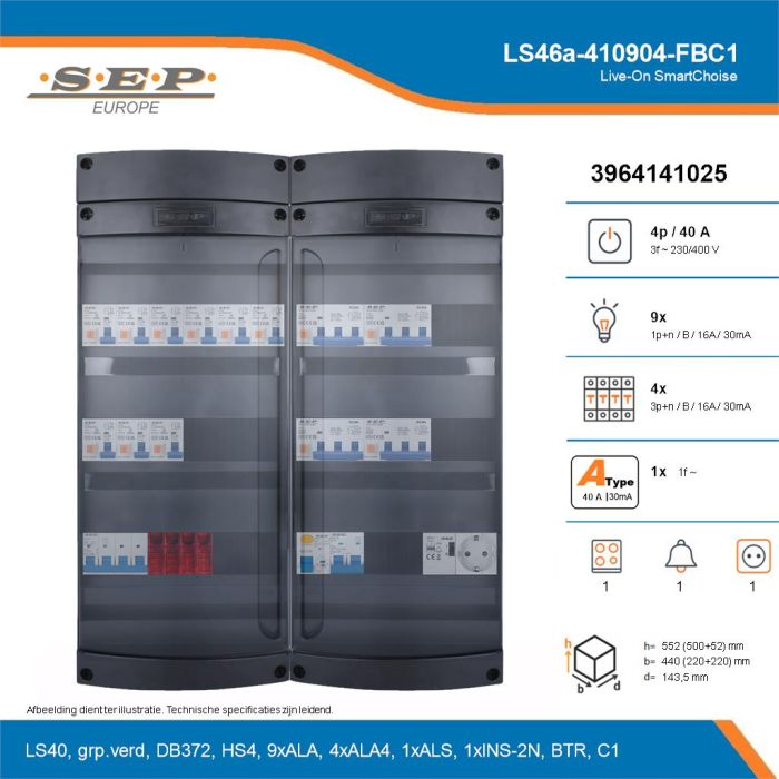 SEP Live-On SmartChoise, LS46a-410904-FBC1, 40A, 3-fase groepenkast, 9-lichtgroepen, 4-krachtgroepen, 1-fornuisgroep, 1-beltrafo,  1V-contactdoos, technische details