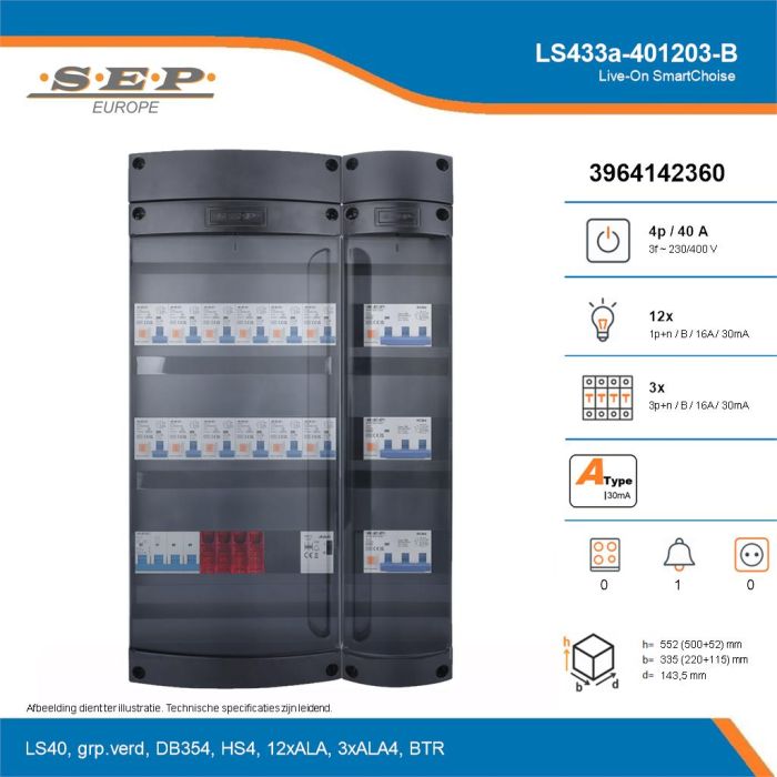 SEP Live-On SmartChoise, LS433a-401203-B, 40A, 3-fase groepenkast, 12-lichtgroepen, 3-krachtgroepen, 1-beltrafo, technische details