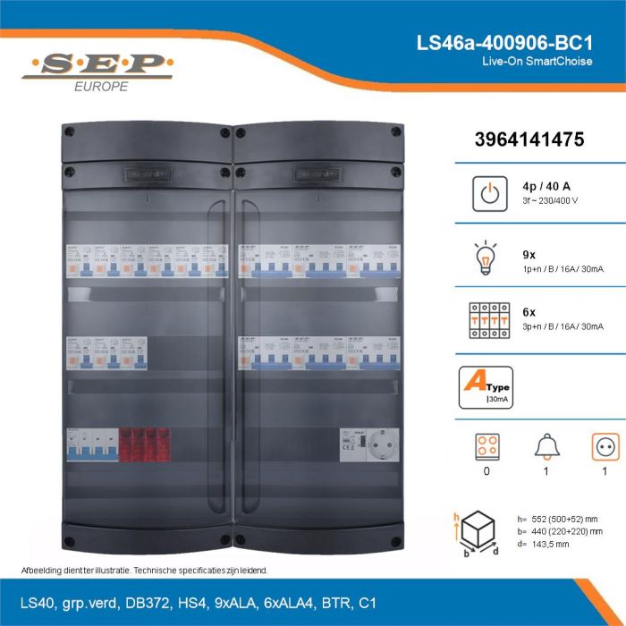 SEP Live-On SmartChoise, LS46a-400906-BC1, 40A, 3-fase groepenkast, 9-lichtgroepen, 6-krachtgroepen, 1-beltrafo,  1V-contactdoos, technische details