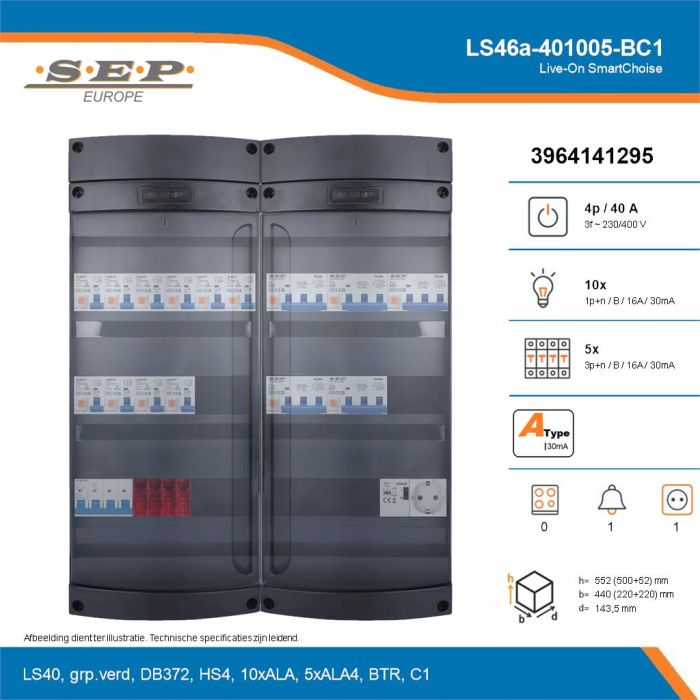 SEP Live-On SmartChoise, LS46a-401005-BC1, 40A, 3-fase groepenkast, 10-lichtgroepen, 5-krachtgroepen, 1-beltrafo,  1V-contactdoos, technische details