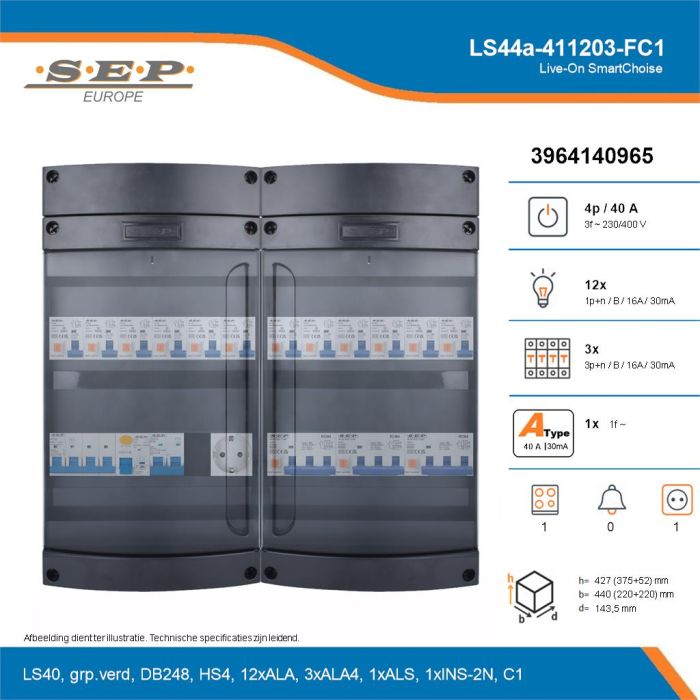 SEP Live-On SmartChoise, LS44a-411203-FC1, 40A, 3-fase groepenkast, 12-lichtgroepen, 3-krachtgroepen, 1-fornuisgroep,  1V-contactdoos, technische details