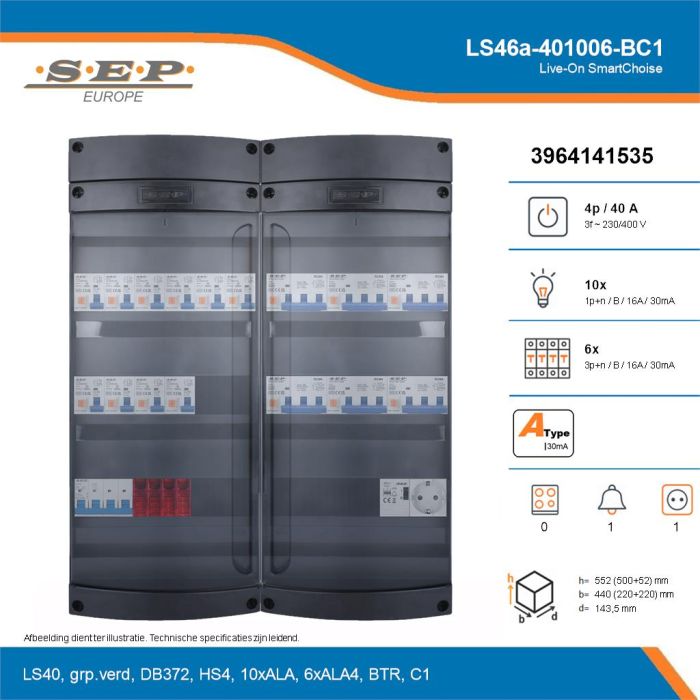 SEP Live-On SmartChoise, LS46a-401006-BC1, 40A, 3-fase groepenkast, 10-lichtgroepen, 6-krachtgroepen, 1-beltrafo,  1V-contactdoos, technische details