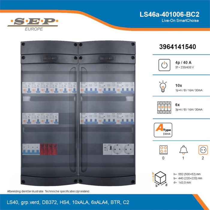 SEP Live-On SmartChoise, LS46a-401006-BC2, 40A, 3-fase groepenkast, 10-lichtgroepen, 6-krachtgroepen, 1-beltrafo,  2V-contactdoos, technische details