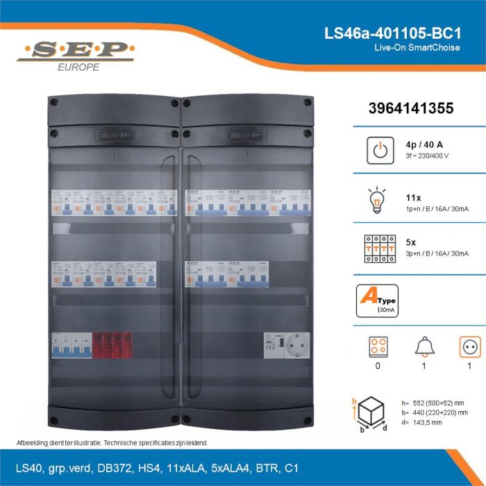 SEP Live-On SmartChoise, LS46a-401105-BC1, 40A, 3-fase groepenkast, 11-lichtgroepen, 5-krachtgroepen, 1-beltrafo,  1V-contactdoos, technische details