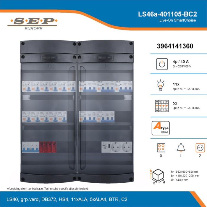 SEP Live-On SmartChoise, LS46a-401105-BC2, 40A, 3-fase groepenkast, 11-lichtgroepen, 5-krachtgroepen, 1-beltrafo,  2V-contactdoos, technische details