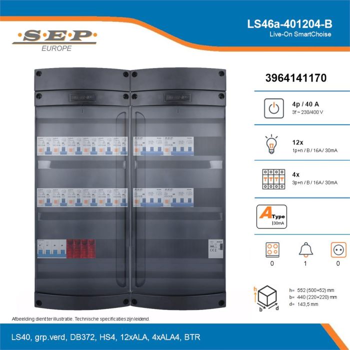 SEP Live-On SmartChoise, LS46a-401204-B, 40A, 3-fase groepenkast, 12-lichtgroepen, 4-krachtgroepen, 1-beltrafo, technische details