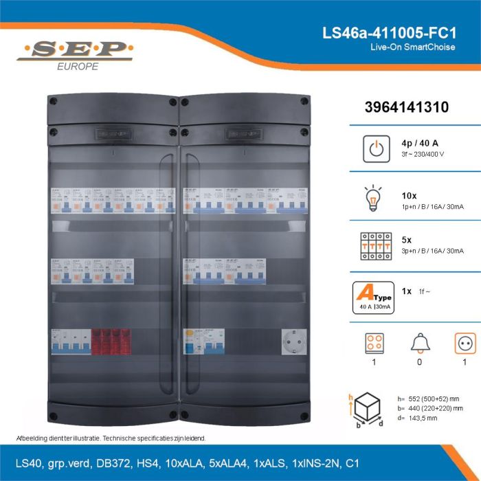 SEP Live-On SmartChoise, LS46a-411005-FC1, 40A, 3-fase groepenkast, 10-lichtgroepen, 5-krachtgroepen, 1-fornuisgroep,  1V-contactdoos, technische details