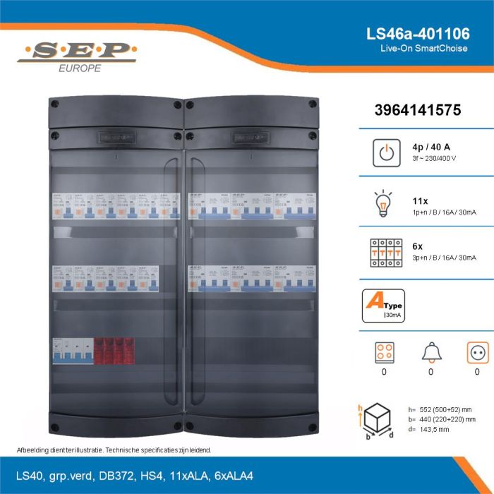 SEP Live-On SmartChoise, LS46a-401106, 40A, 3-fase groepenkast, 11-lichtgroepen, 6-krachtgroepen, technische details