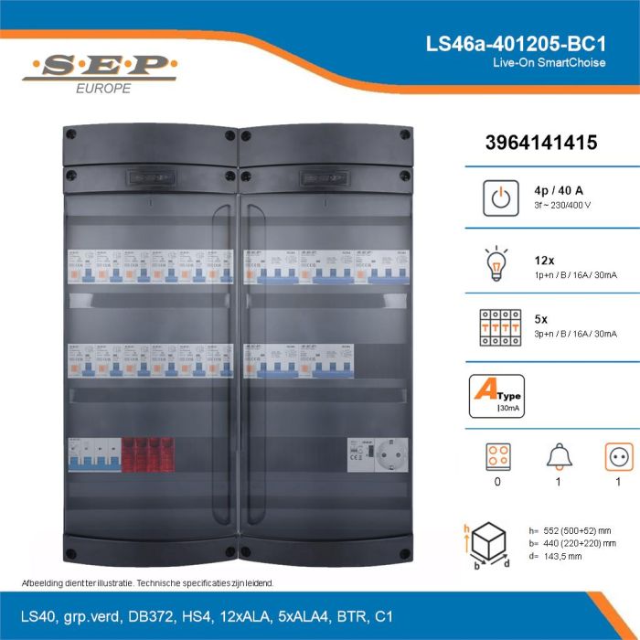 SEP Live-On SmartChoise, LS46a-401205-BC1, 40A, 3-fase groepenkast, 12-lichtgroepen, 5-krachtgroepen, 1-beltrafo,  1V-contactdoos, technische details