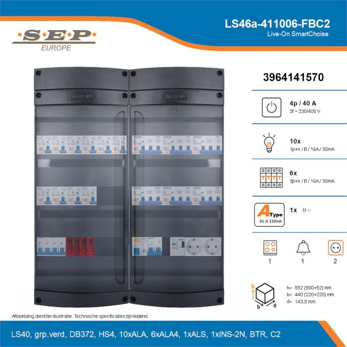 SEP Live-On SmartChoise, LS46a-411006-FBC2, 40A, 3-fase groepenkast, 10-lichtgroepen, 6-krachtgroepen, 1-fornuisgroep, 1-beltrafo,  2V-contactdoos, technische details
