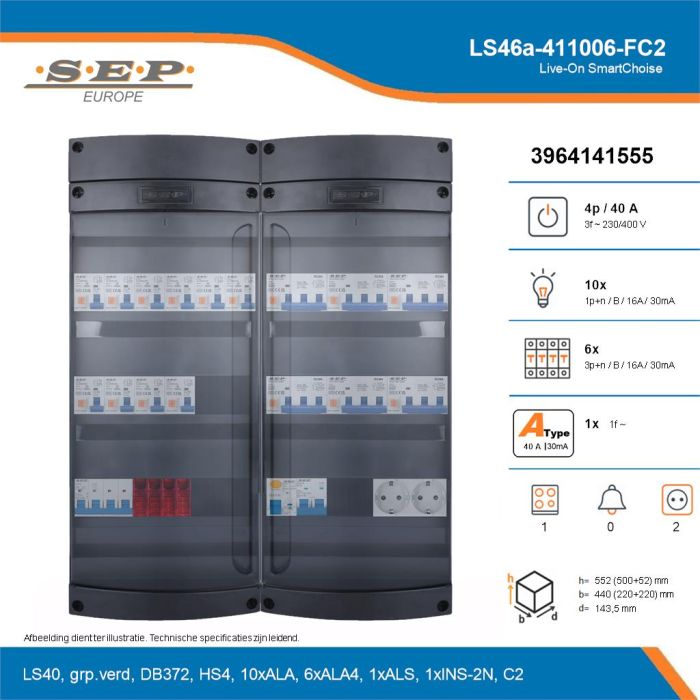 SEP Live-On SmartChoise, LS46a-411006-FC2, 40A, 3-fase groepenkast, 10-lichtgroepen, 6-krachtgroepen, 1-fornuisgroep,  2V-contactdoos, technische details