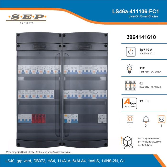 SEP Live-On SmartChoise, LS46a-411106-FC1, 40A, 3-fase groepenkast, 11-lichtgroepen, 6-krachtgroepen, 1-fornuisgroep,  1V-contactdoos, technische details