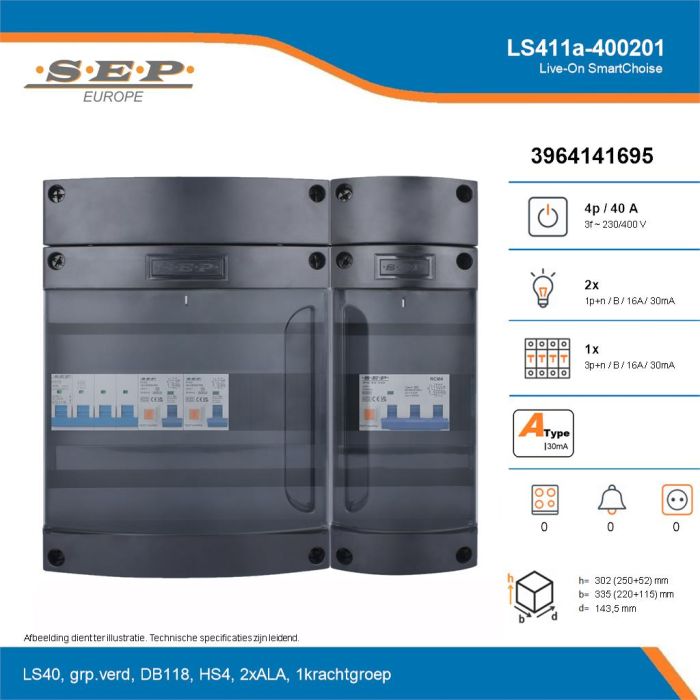 SEP Live-On SmartChoise, LS411a-400201, 40A, 3-fase groepenkast, 2-lichtgroepen, 1-krachtgroepen, technische details