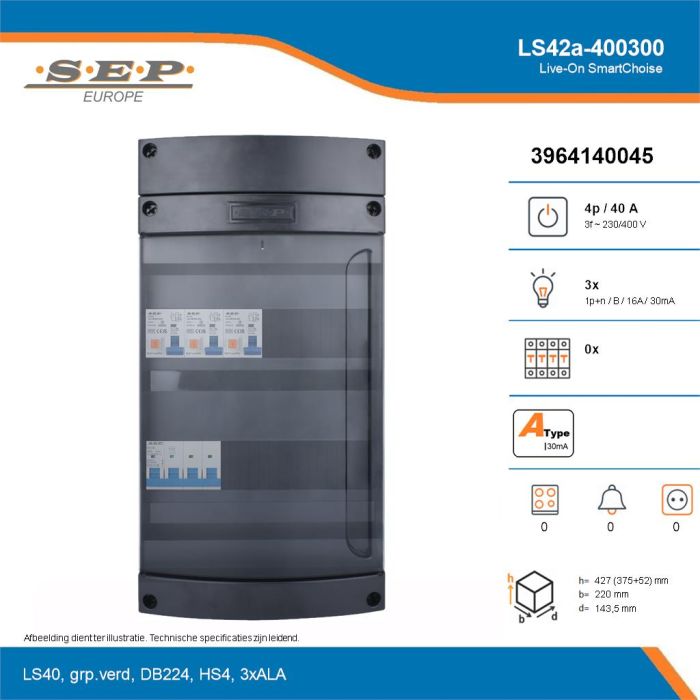 SEP Live-On SmartChoise, LS42a-400300, 40A, 3-fase groepenkast, 3-lichtgroepen, technische details