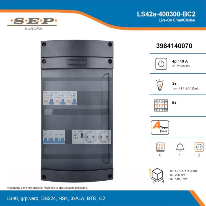 SEP Live-On SmartChoise, LS42a-400300-BC2, 40A, 3-fase groepenkast, 3-lichtgroepen, 1-beltrafo,  2V-contactdoos, technische details