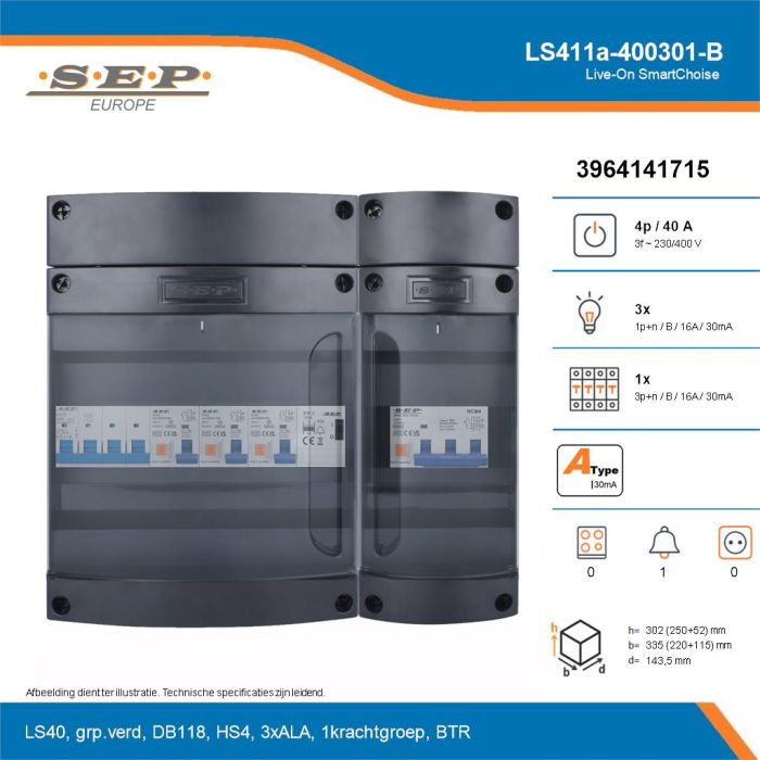 SEP Live-On SmartChoise, LS411a-400301-B, 40A, 3-fase groepenkast, 3-lichtgroepen, 1-krachtgroepen, 1-beltrafo, technische details
