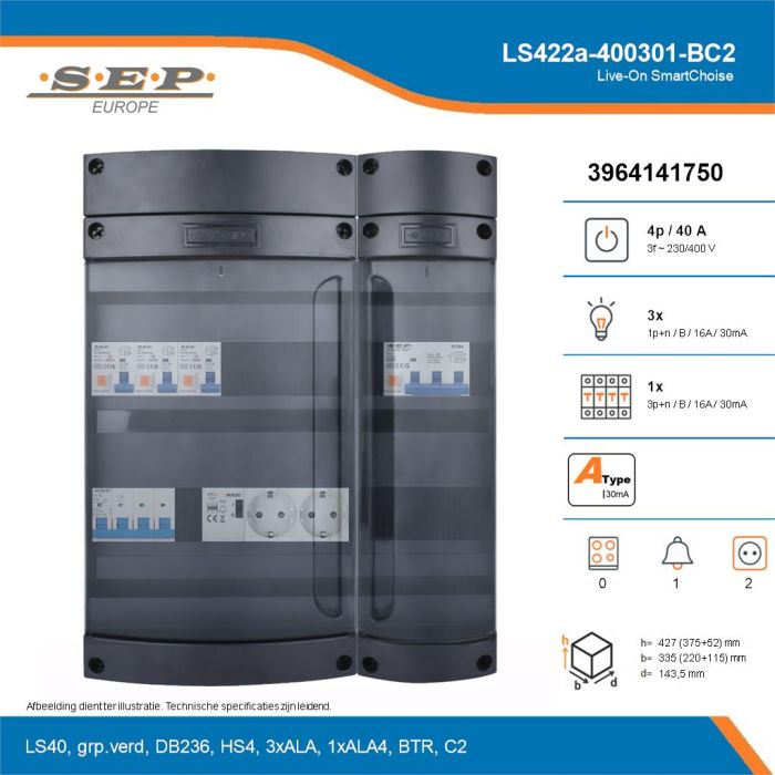 SEP Live-On SmartChoise, LS422a-400301-BC2, 40A, 3-fase groepenkast, 3-lichtgroepen, 1-krachtgroepen, 1-beltrafo,  2V-contactdoos, technische details