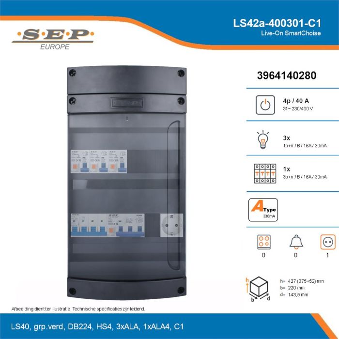 SEP Live-On SmartChoise, LS42a-400301-C1, 40A, 3-fase groepenkast, 3-lichtgroepen, 1-krachtgroepen,  1V-contactdoos, technische details