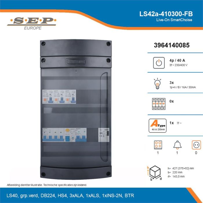 SEP Live-On SmartChoise, LS42a-410300-FB, 40A, 3-fase groepenkast, 3-lichtgroepen, 1-fornuisgroep, 1-beltrafo, technische details