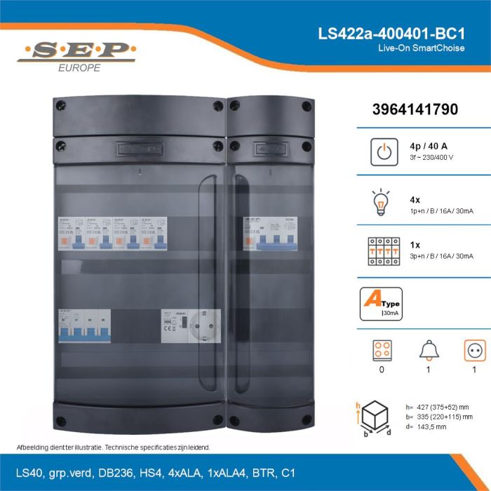 SEP Live-On SmartChoise, LS422a-400401-BC1, 40A, 3-fase groepenkast, 4-lichtgroepen, 1-krachtgroepen, 1-beltrafo,  1V-contactdoos, technische details