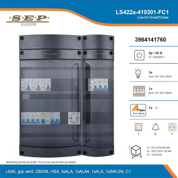 SEP Live-On SmartChoise, LS422a-410301-FC1, 40A, 3-fase groepenkast, 3-lichtgroepen, 1-krachtgroepen, 1-fornuisgroep,  1V-contactdoos, technische details