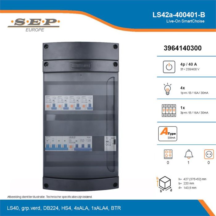SEP Live-On SmartChoise, LS42a-400401-B, 40A, 3-fase groepenkast, 4-lichtgroepen, 1-krachtgroepen, 1-beltrafo, technische details