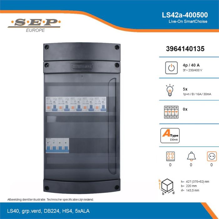 SEP Live-On SmartChoise, LS42a-400500, 40A, 3-fase groepenkast, 5-lichtgroepen, technische details