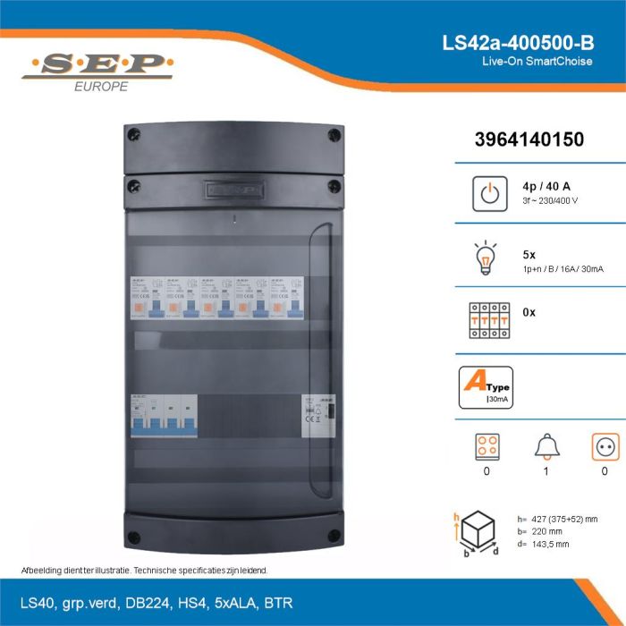 SEP Live-On SmartChoise, LS42a-400500-B, 40A, 3-fase groepenkast, 5-lichtgroepen, 1-beltrafo, technische details