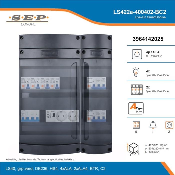 SEP Live-On SmartChoise, LS422a-400402-BC2, 40A, 3-fase groepenkast, 4-lichtgroepen, 2-krachtgroepen, 1-beltrafo,  2V-contactdoos, technische details