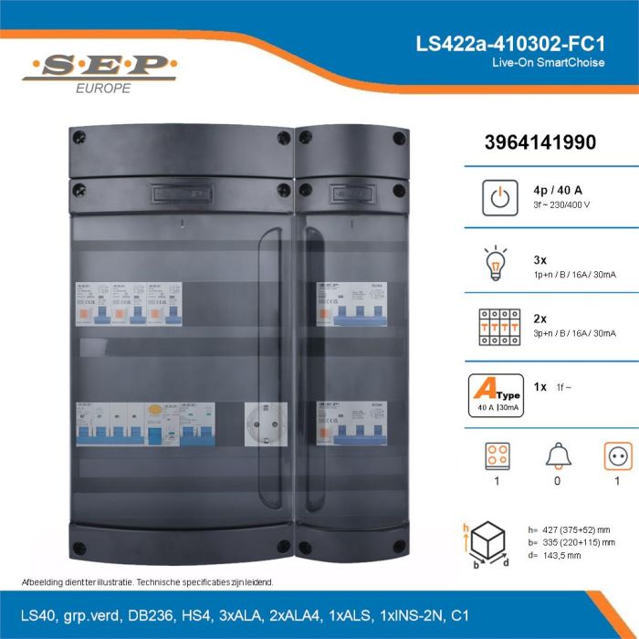 SEP Live-On SmartChoise, LS422a-410302-FC1, 40A, 3-fase groepenkast, 3-lichtgroepen, 2-krachtgroepen, 1-fornuisgroep,  1V-contactdoos, technische details